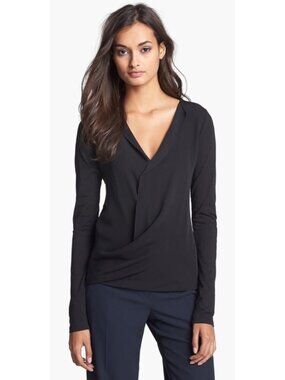 Theory Black Cotton Stretch Jersey Surplice Long Sleeve Blouse